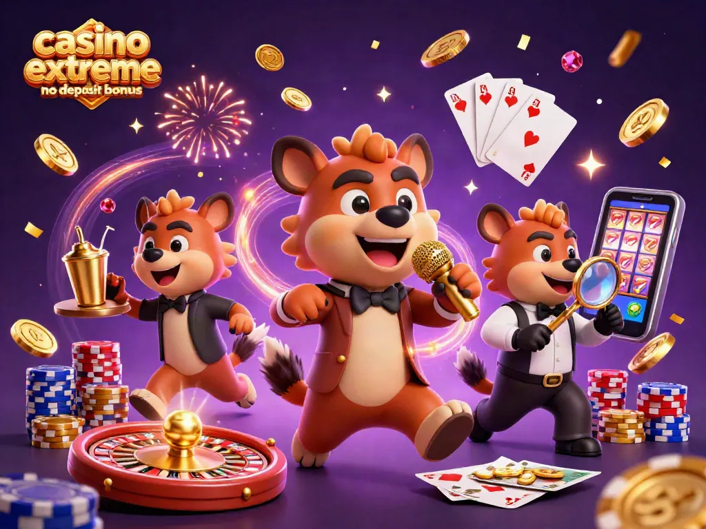 Experience the excitement of the casino extreme no deposit bonus with playful hyenas in a vibrant casino scene.