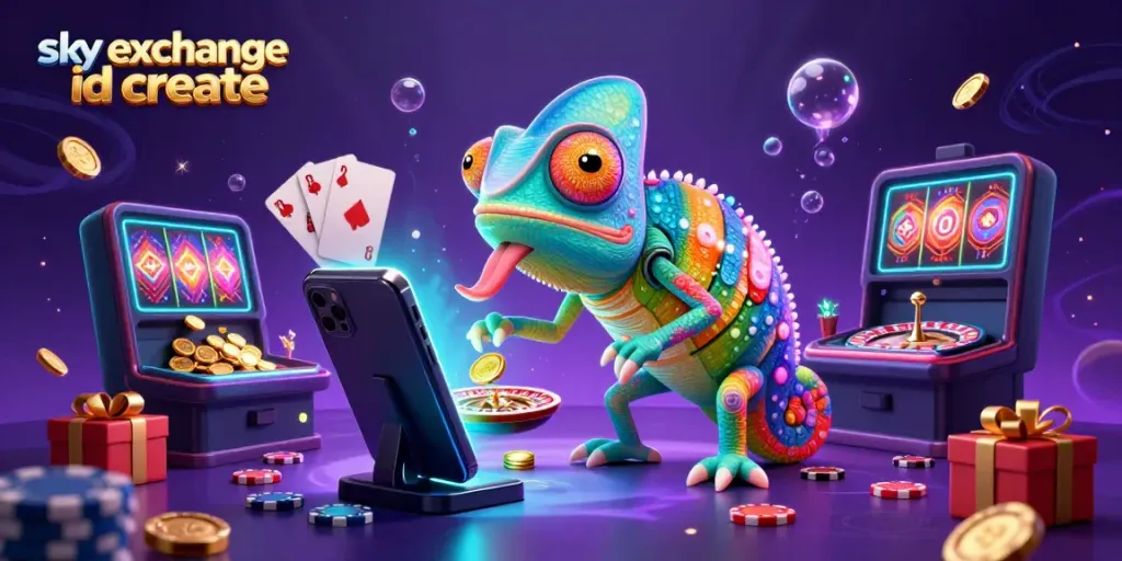 Engage in thrilling gaming with the vibrant sky exchange id create featuring a chameleon casino owner and exciting slot elements.