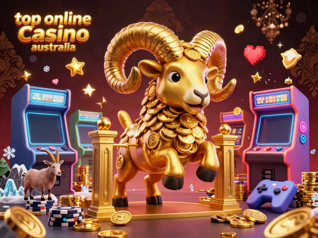 Experience excitement at the top online casino Australia with vibrant 3D gaming elements and a golden ram.
