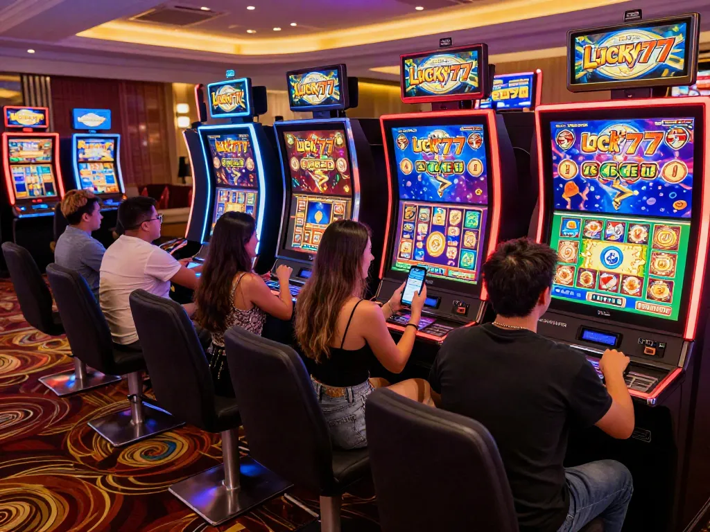Players enjoying a vibrant casino scene with Lucky777 games and apps