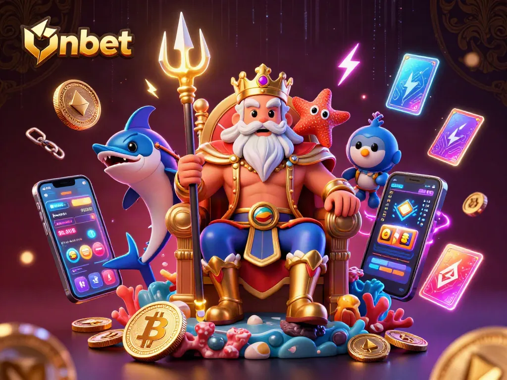 Exciting Onbet casino scene with Neptune, crypto coins, and dynamic slot elements.