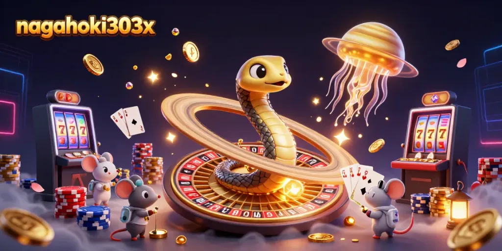 Nagahoki303x menampilkan ilustrasi kasino 3D dengan ular Saturnus, pemain, dan dealer jeli dalam suasana meriah.