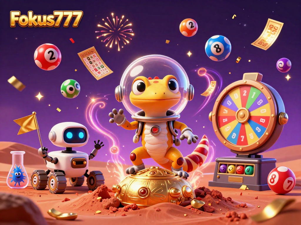 Engage with Fokus777's dynamic lottery and casino excitement in this vibrant 3D illustration.