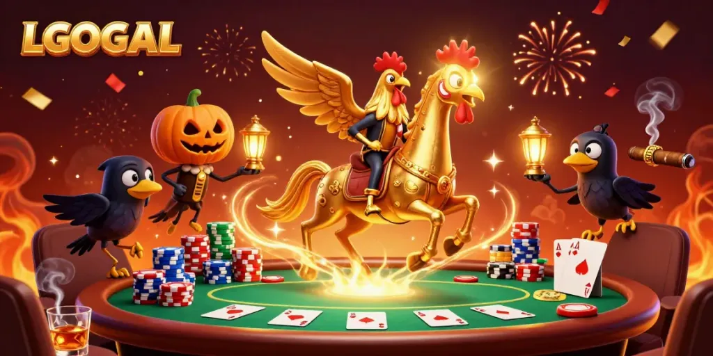 Experience thrilling actions at LGOGOAL with golden rooster in a vibrant casino scene filled with poker excitement.