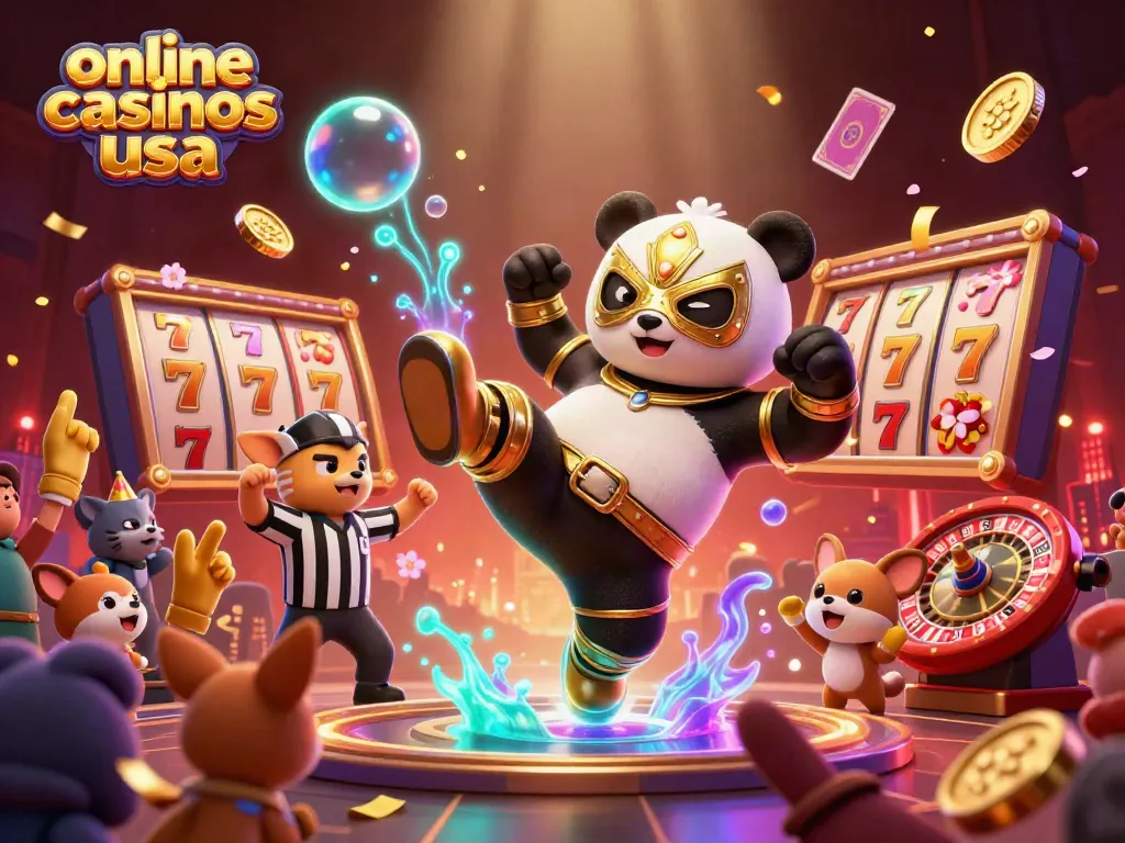 Engaging scene showcasing online casinos USA with a panda wrestler kicking, surrounded by dynamic casino elements.