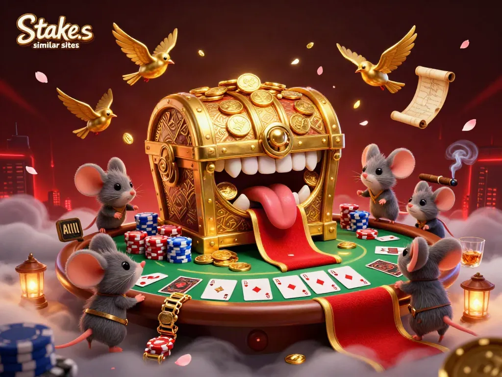 Engage with top stake.us similar sites in this vibrant casino scene featuring adventure mice and golden tokens.