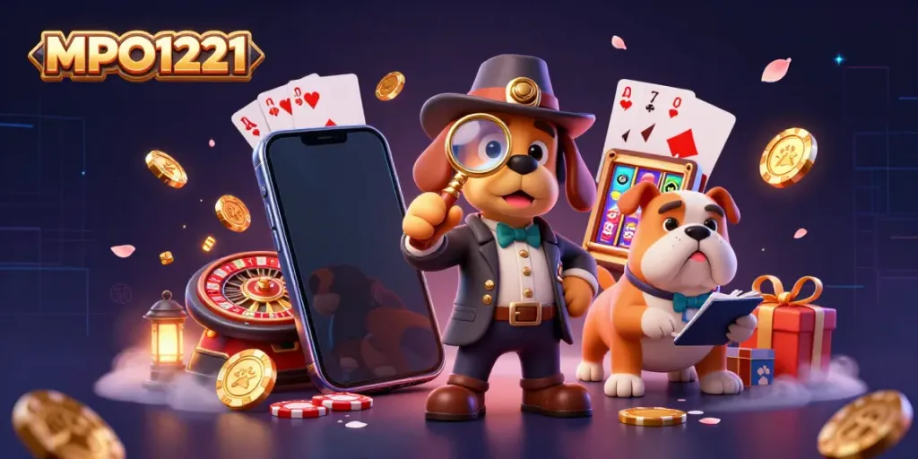 MPO1221 engages players with a 3D detective scene exploring casino clues and slot games.