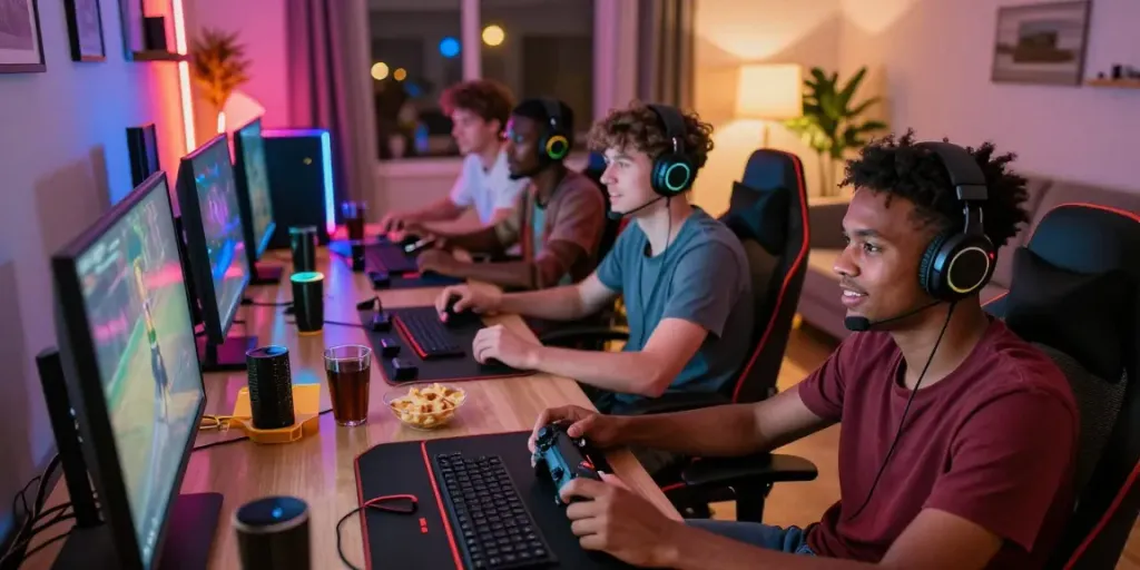 Teman-teman bermain game online banteng88 dengan suasana ceria dan penuh warna di ruang tamu.