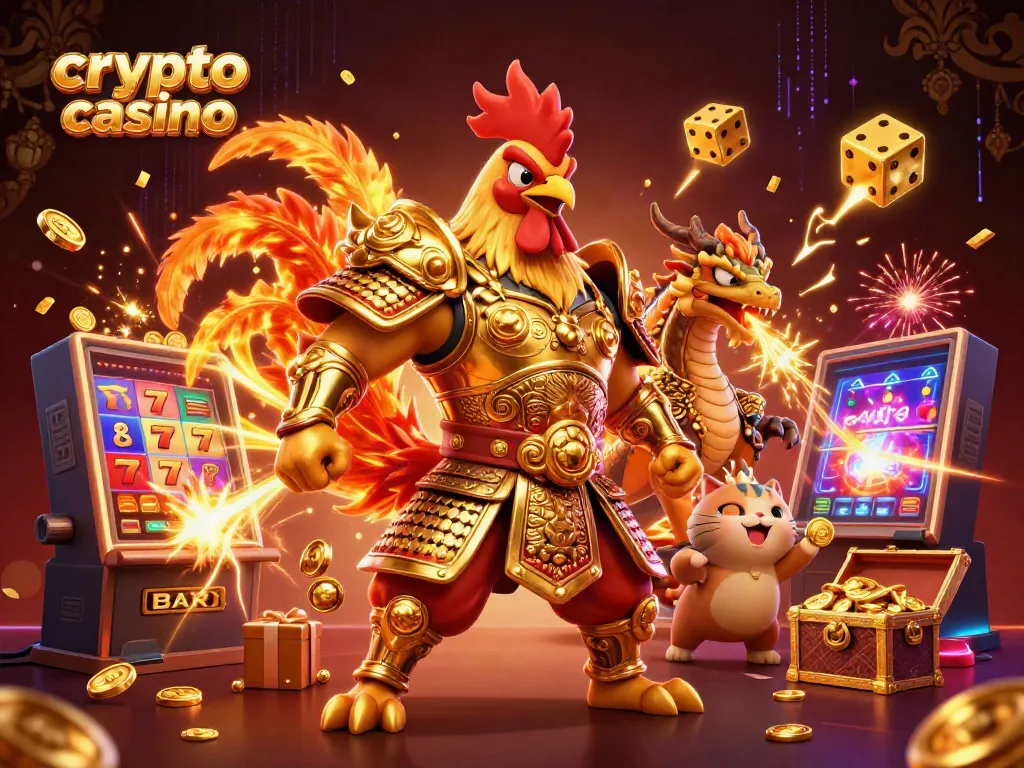 Engage at the crypto casino with colorful symbols, epic characters, and vibrant gaming elements.
