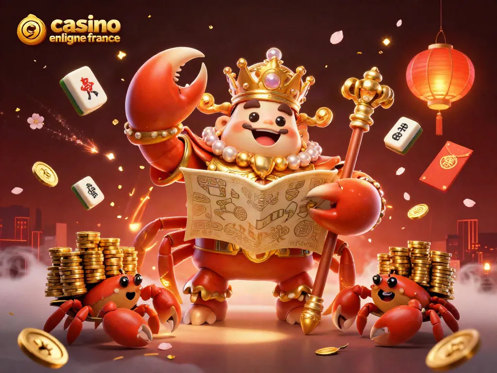 Engage with the vibrant world of casino en ligne france through a captivating illustration showcasing a golden crab emperor amid dynamic game elements.