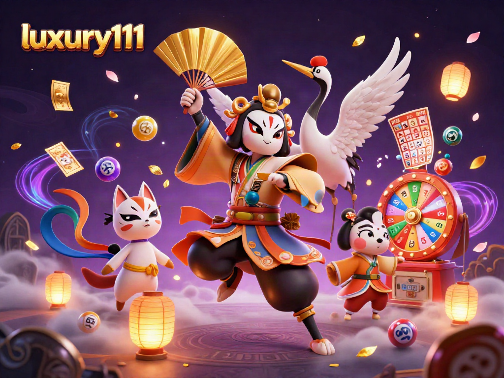 Experience the thrill of luxury111 with a kabuki warrior surrounded by vibrant lottery elements.