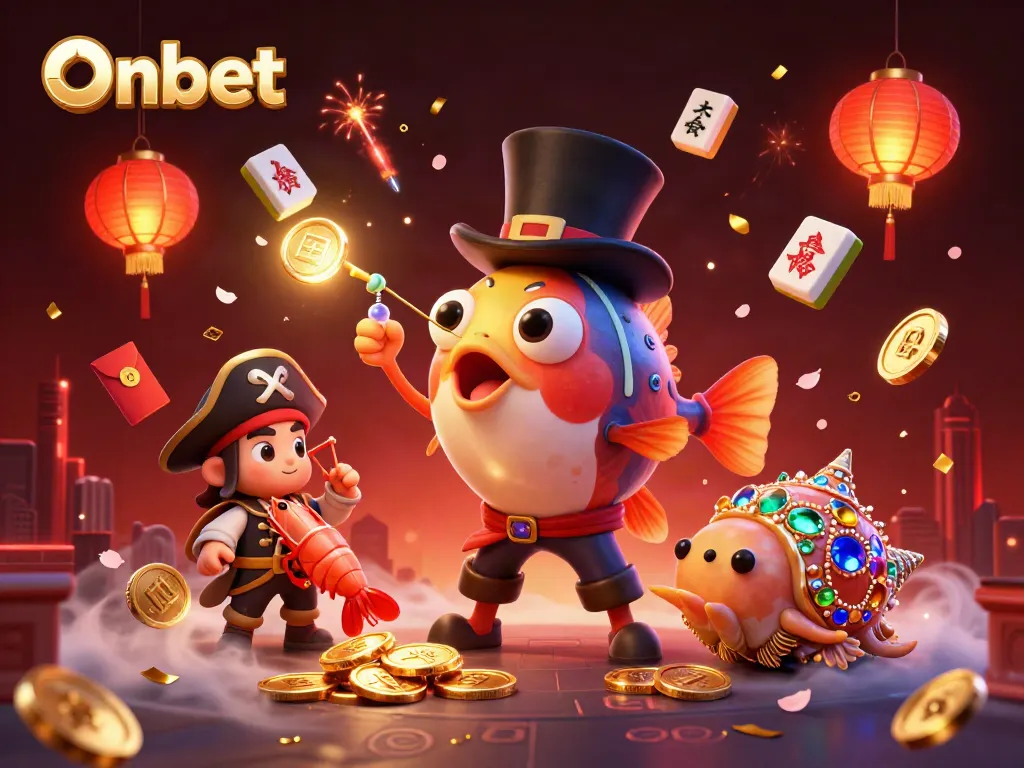 Onbet showcases excitement with an anglerfish and friends attracting golden coins in a vibrant casino scene.