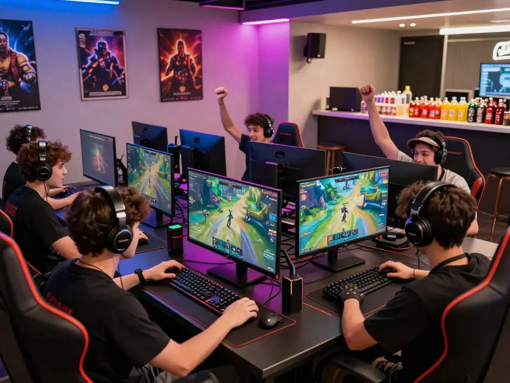 Energetic players enjoying a game online in a vibrant gaming lounge atmosphere.