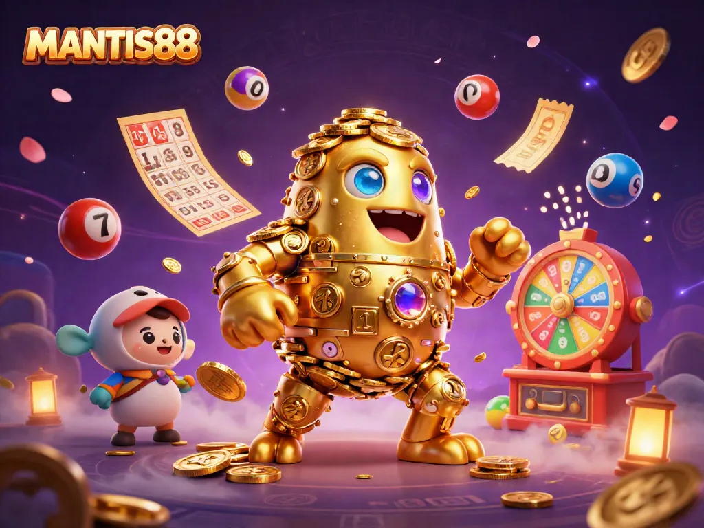 Experience MANTIS88's thrilling dynamic atmosphere with an ancient golden golem and vibrant game elements.