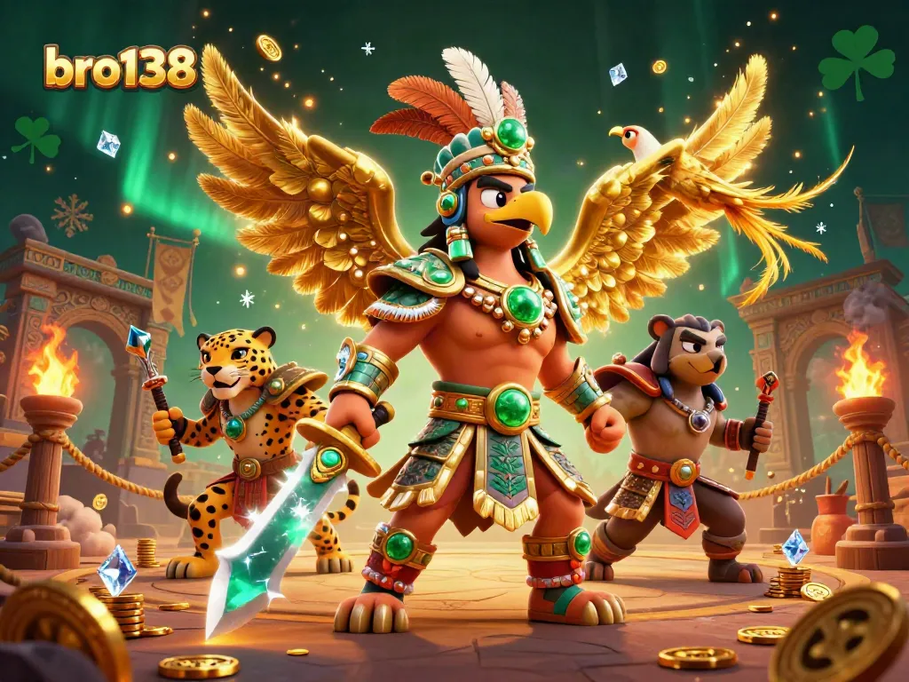 Experience thrilling gameplay at bro138 with an energetic Aztec warrior scene filled with casino elements.