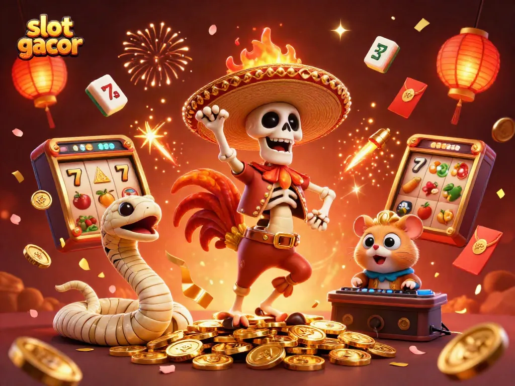 Engage with slot gacor as a dancing mariachi skeleton celebrates on golden coins amidst casino thrills.