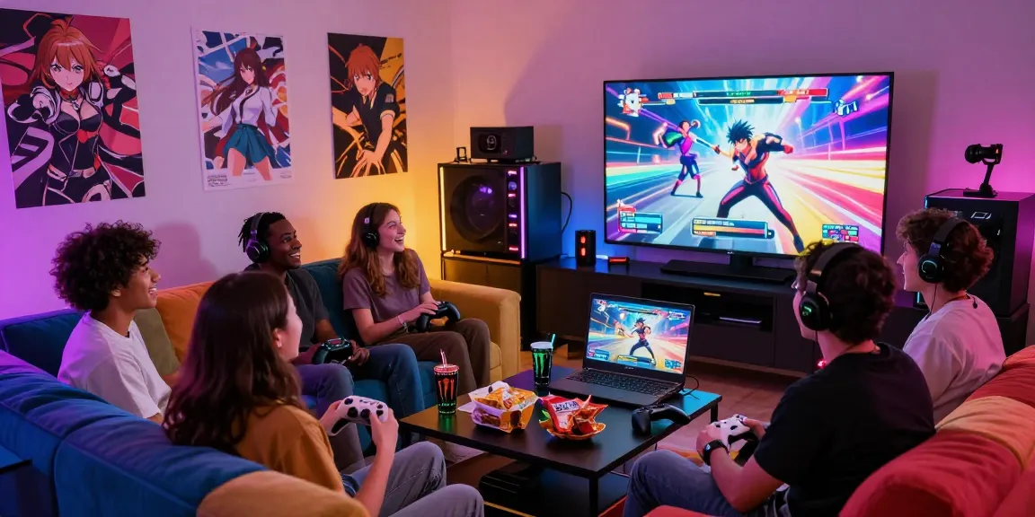 Friends enjoying a thrilling hentai game on a large screen during a lively gaming night.