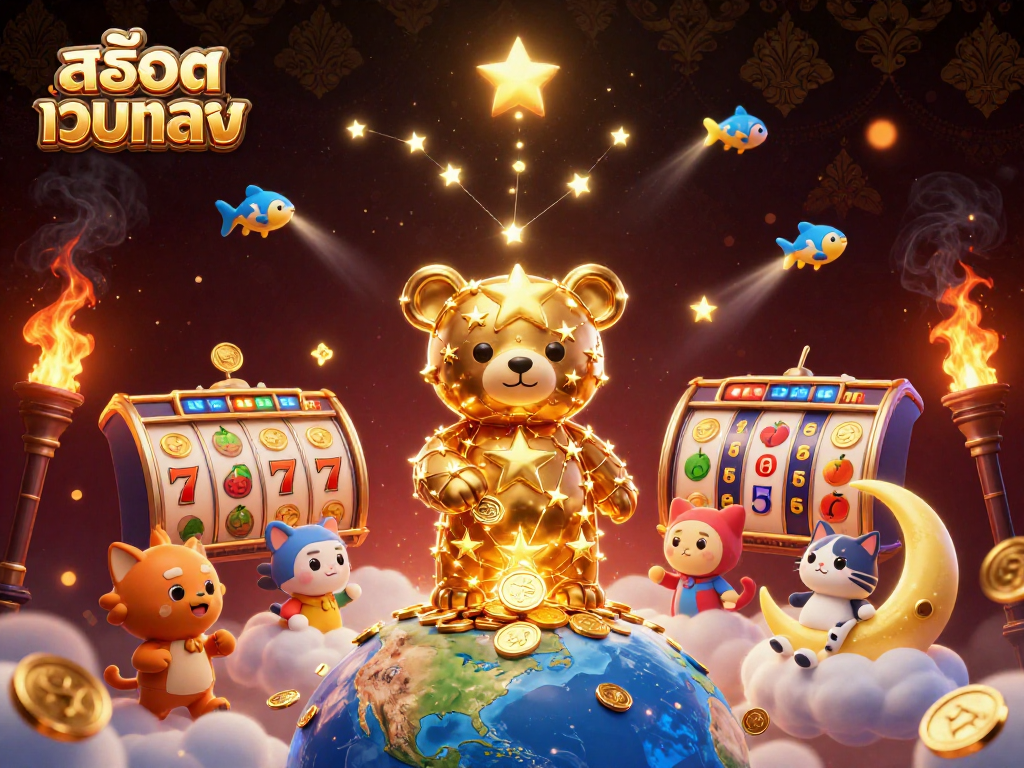 Experience สล็อตเว็บตรง excitement with 3D constellation bear collecting coins in vibrant slot-themed illustration.