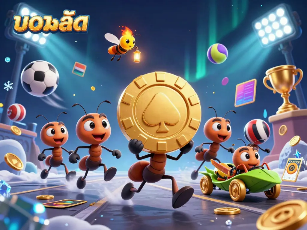 Enjoy live sports betting action with บอลสด, featuring a dynamic heist scene with cartoon ants and sports elements.