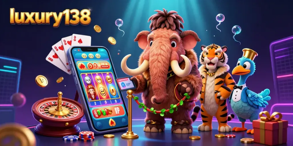 luxury138 welcomes players with an engaging scene featuring a bouncer, VIP tiger, and a doorman in a vibrant casino atmosphere.