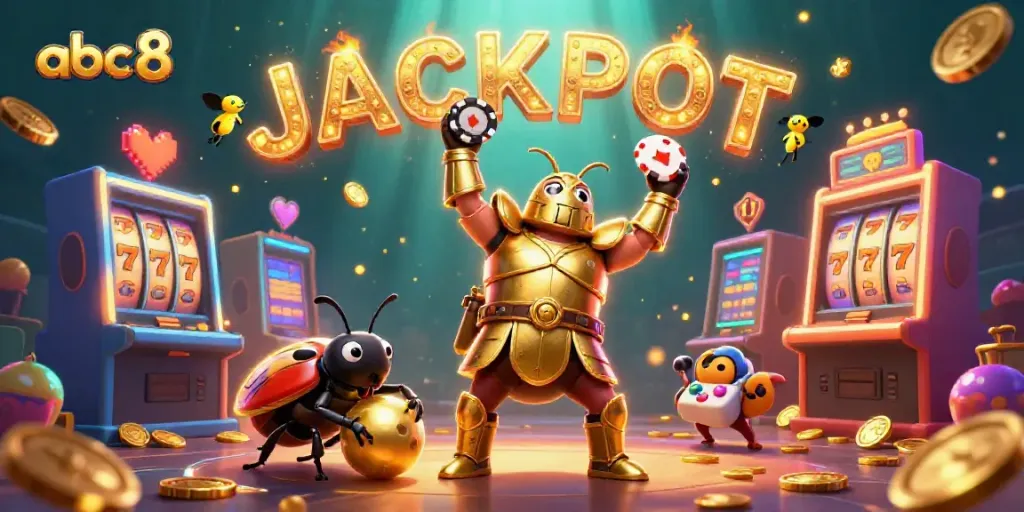 Win big at abc8 with a vibrant casino scene showcasing a hercules beetle in golden armor celebrating a jackpot.