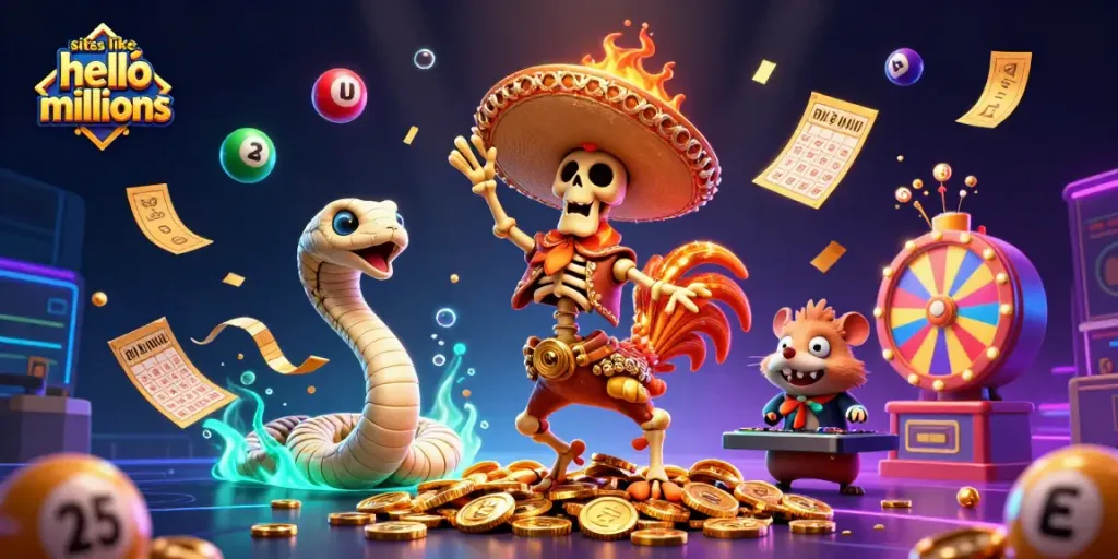Engage with top sweepstakes alternatives to Hello Millions, featuring colorful game elements and exciting characters.