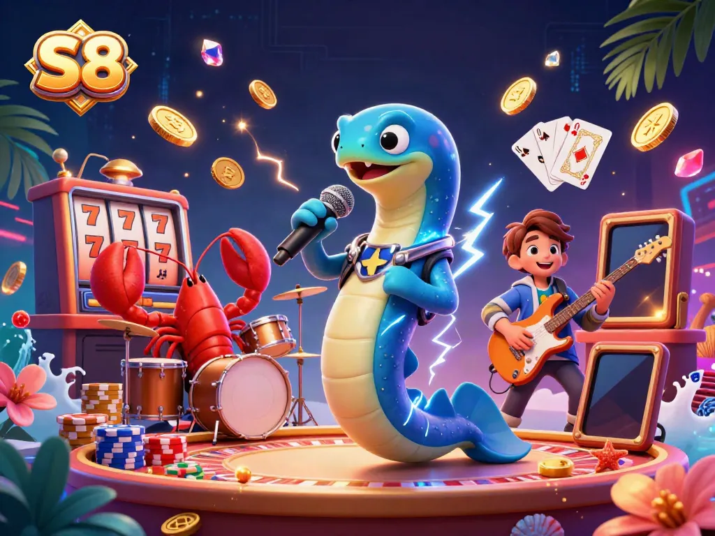 S8 underwater casino illustration featuring an electric eel DJ, lobster drummer, and seahorse guitarist with vibrant casino elements.