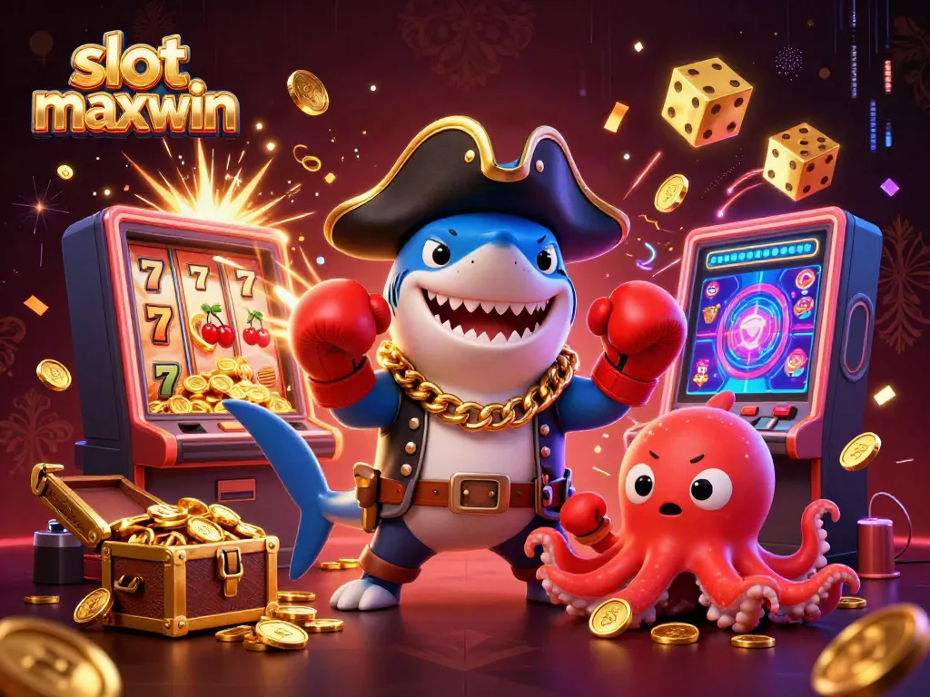 Experience the thrill of slot maxwin with a vibrant 3D casino scene featuring cartoonish characters and jackpot elements.