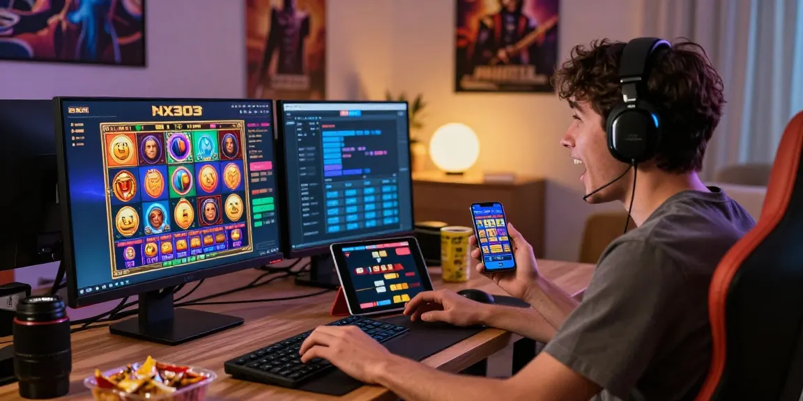 Player enjoying NX303 slot games on multiple devices, highlighting engaging gaming experience.