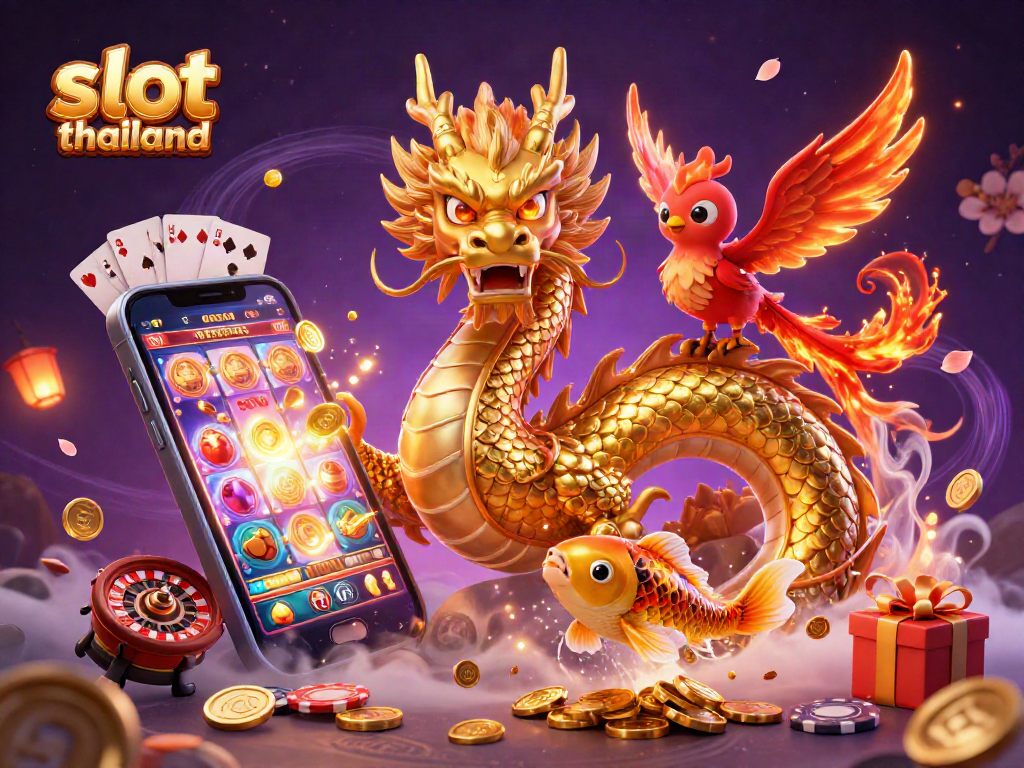 Engage with the vibrant world of slot thailand through this 3D illustration showcasing gaming symbols and thrilling action.