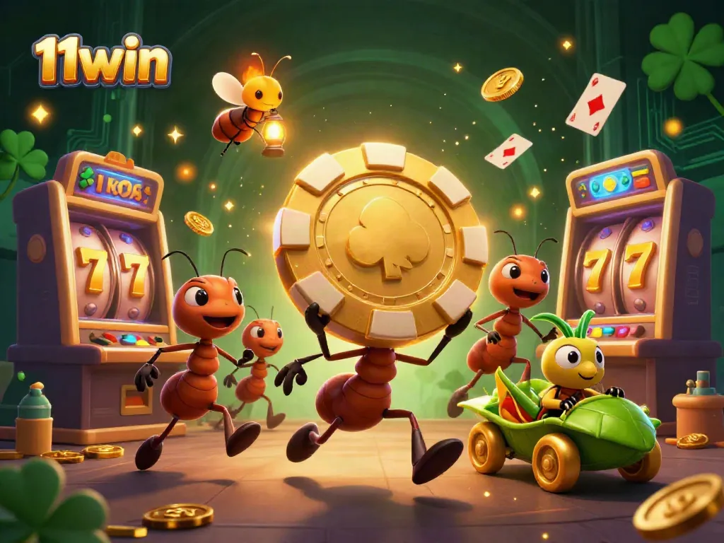 Experience thrilling casino action with 11win as ants heist a giant poker chip amidst slot machines and gold coins.