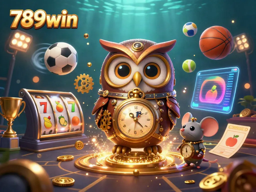 Engage with the vibrant 789win casino scene featuring a time-traveler owl amidst immersive slot games and sports.