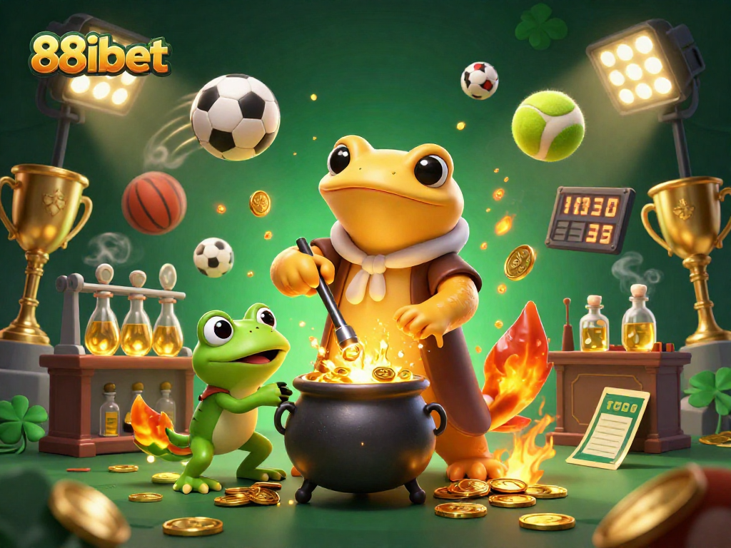 88ibet showcases vibrant 3D digital art featuring a golden alchemist and dynamic sports elements.