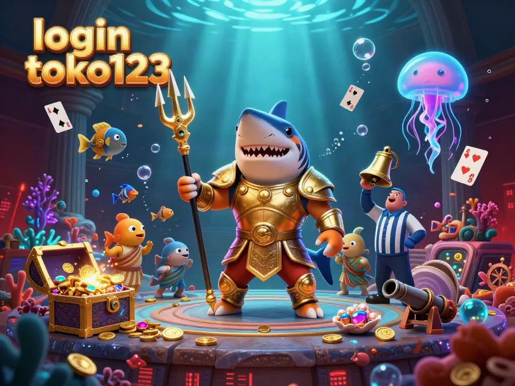 Engage with the thrilling 'login toko123' scene featuring a golden-armored shark and vibrant casino elements.