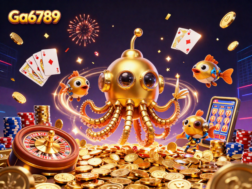 Ga6789 showcases a thrilling casino scene with a golden kraken submarine amidst coins and cards.