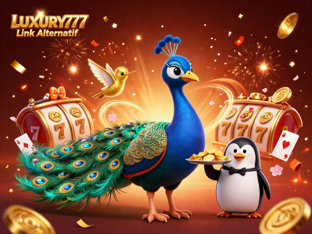 Memenangkan permainan dengan LUXURY777 Link Alternatif yang menghadirkan ilustrasi kasino yang berwarna-warni dan dinamis.