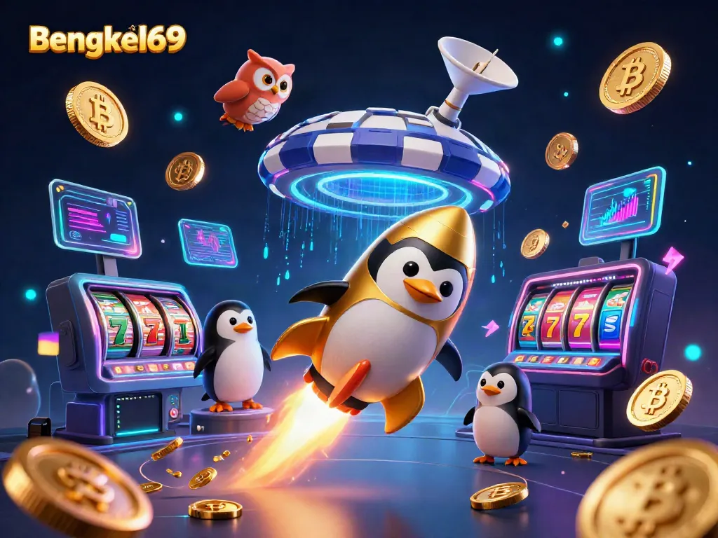 Experience the excitement of Bengkel69 Slot with a golden penguin navigating a vibrant casino universe.