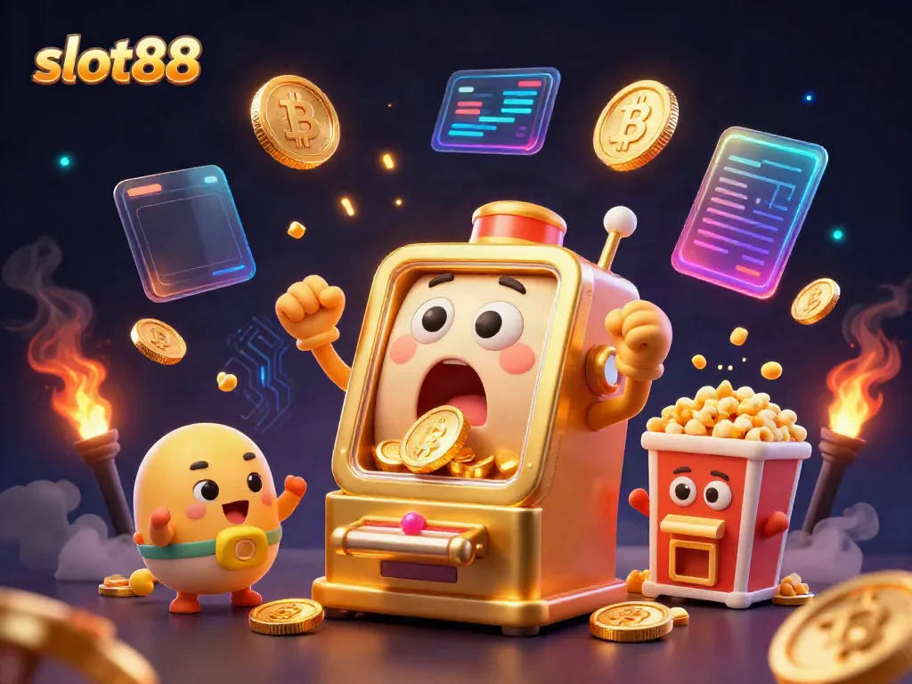 Menangkan jackpot di slot88 dengan mesin slot emas yang mengeluarkan koin, dikelilingi banyak elemen permainan.
