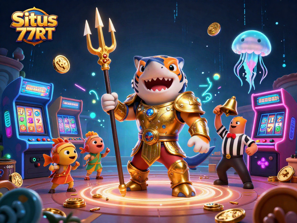 Experience the excitement of Situs 77RT with vibrant gaming elements and dynamic 3D characters.
