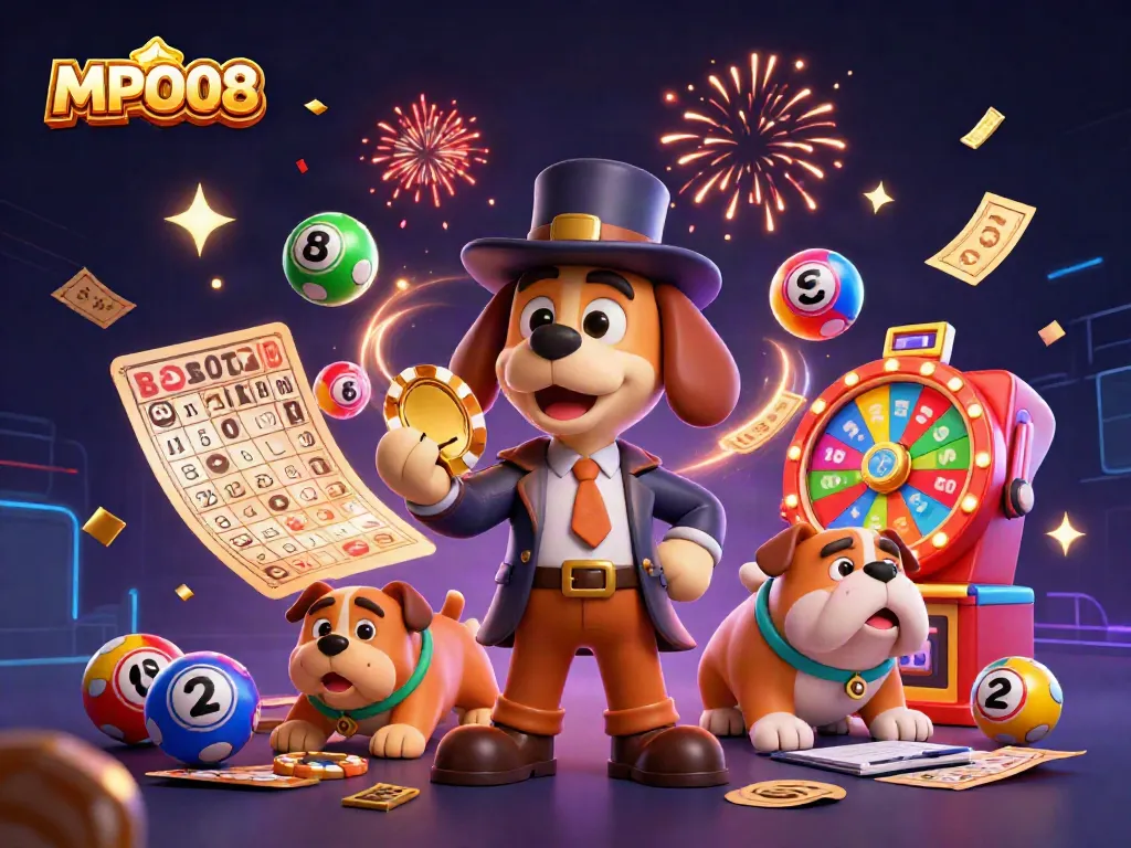 Experience the excitement of MPO08 with a detective dog uncovering poker chip treasures among colorful lotto elements.