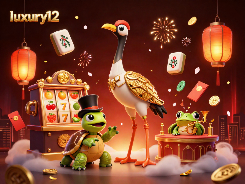 Permainan slot eksklusif luxury12 dengan simbol keberuntungan dan suasana ceria dari karakter kartun.