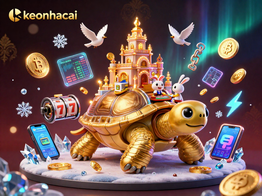 Experience the vibrant keonhacai casino scene with a golden tortoise and cryptos amidst action.