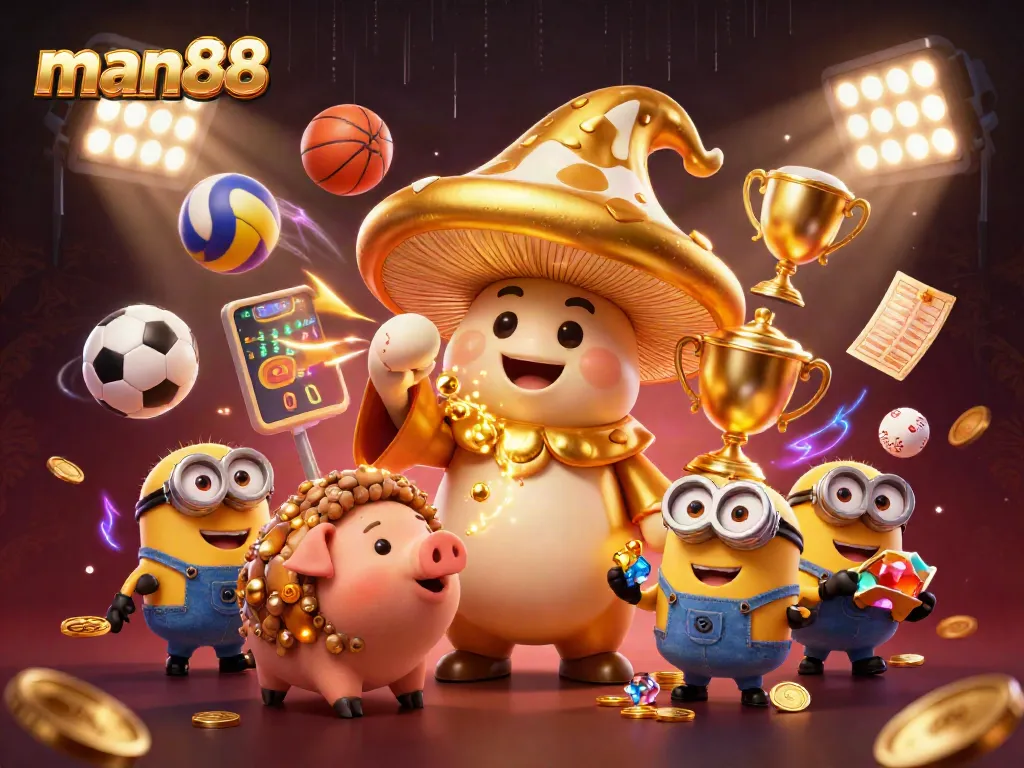 Bet on man88 with a golden wizard and treasure in a vibrant casino scene full of energy.