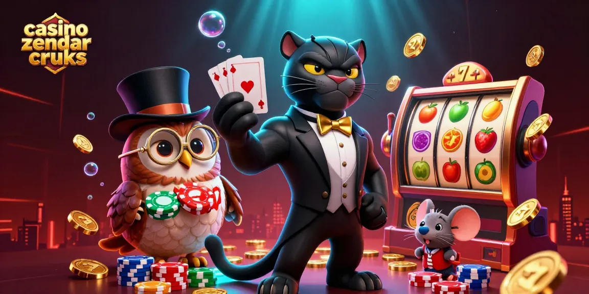Permainan di casino zonder cruks memperlihatkan panther, burung hantu, dan tikus beruntung bersama slot dan koin emas.