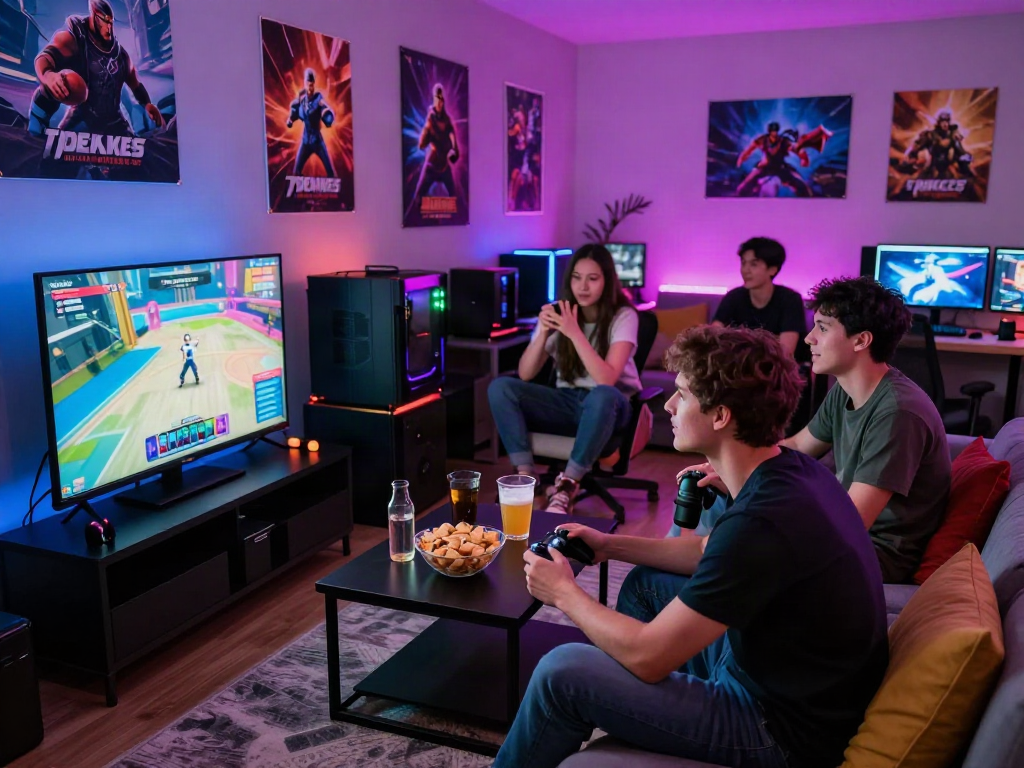 Player engaged in lively gameplay enjoying porngames with friends in a cozy room atmosphere.
