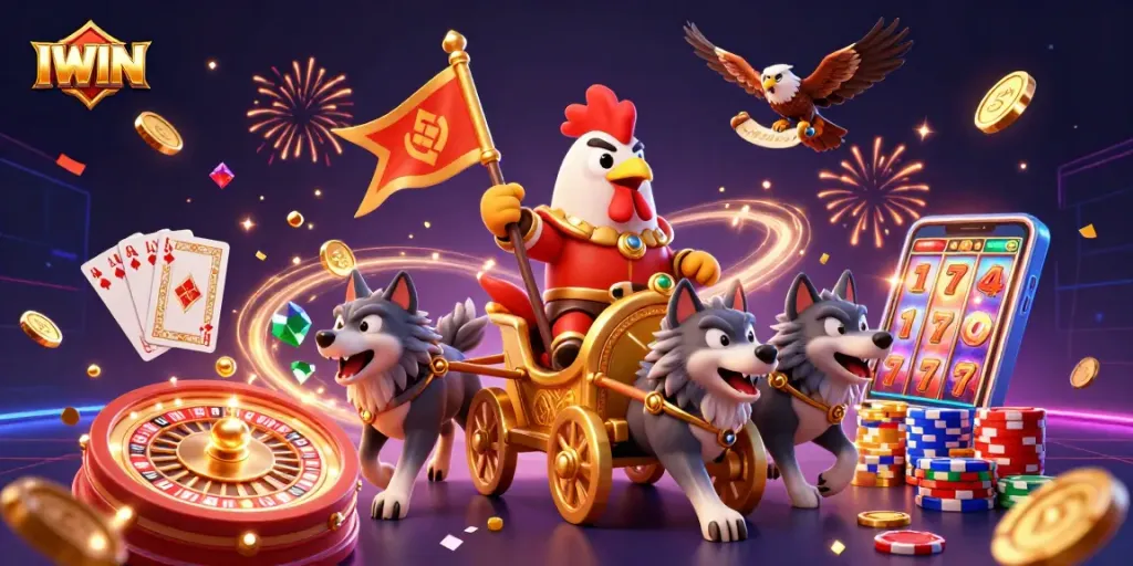 IWIN engages players with epic rides and thrilling casino elements in this vibrant 3D illustration.