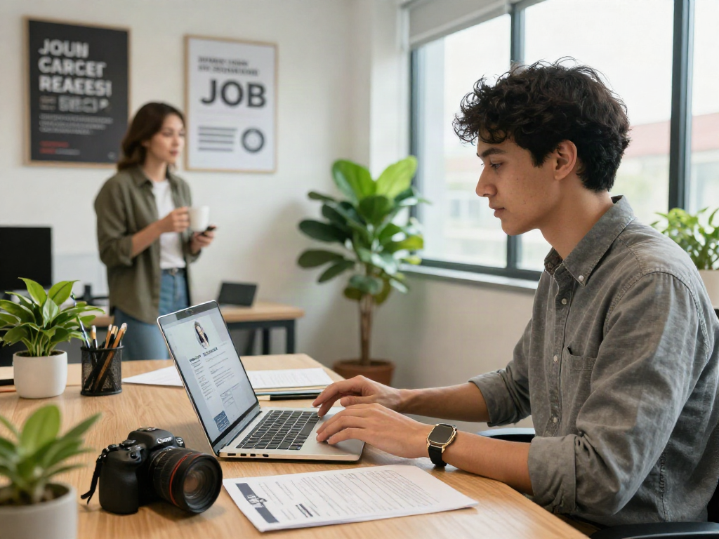 Engaging job search scene with a young professional หางาน through video interview and organized workspace.