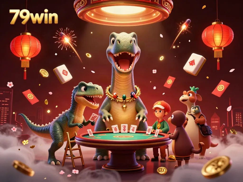 Experience the lively gaming scene of 79win with lively characters and vibrant casino elements in this 3D illustration.