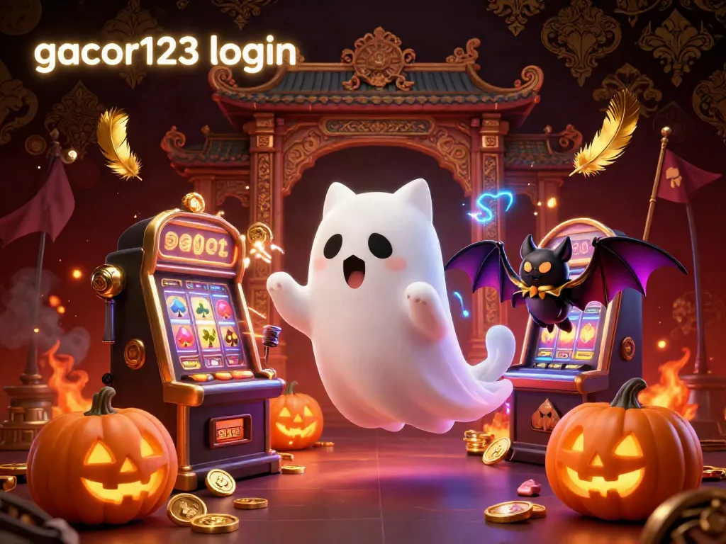 Engage with the gacor123 login offering a vibrant scene of playful characters in a lively haunted casino atmosphere.