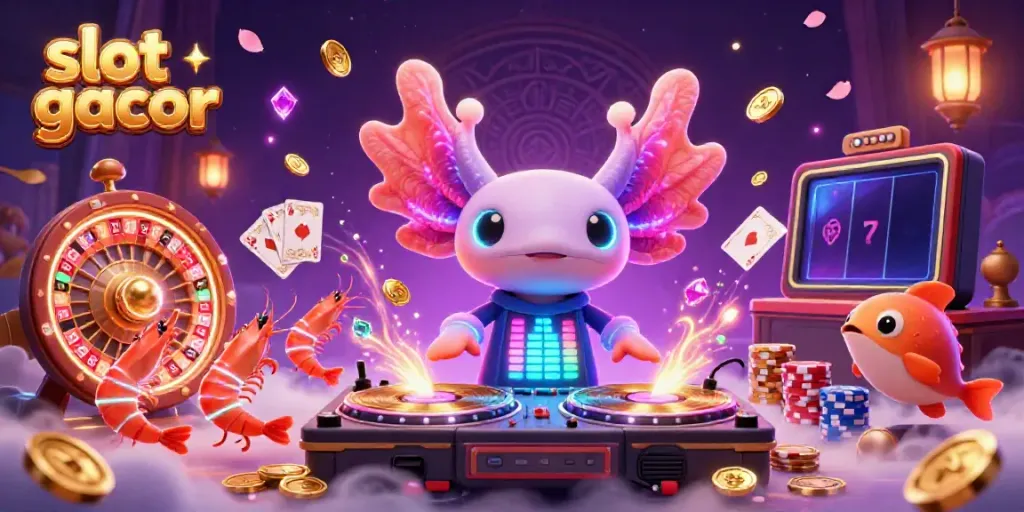 Experience the vibrant world of slot gacor with neon characters, sparkling gems, and dynamic casino elements.